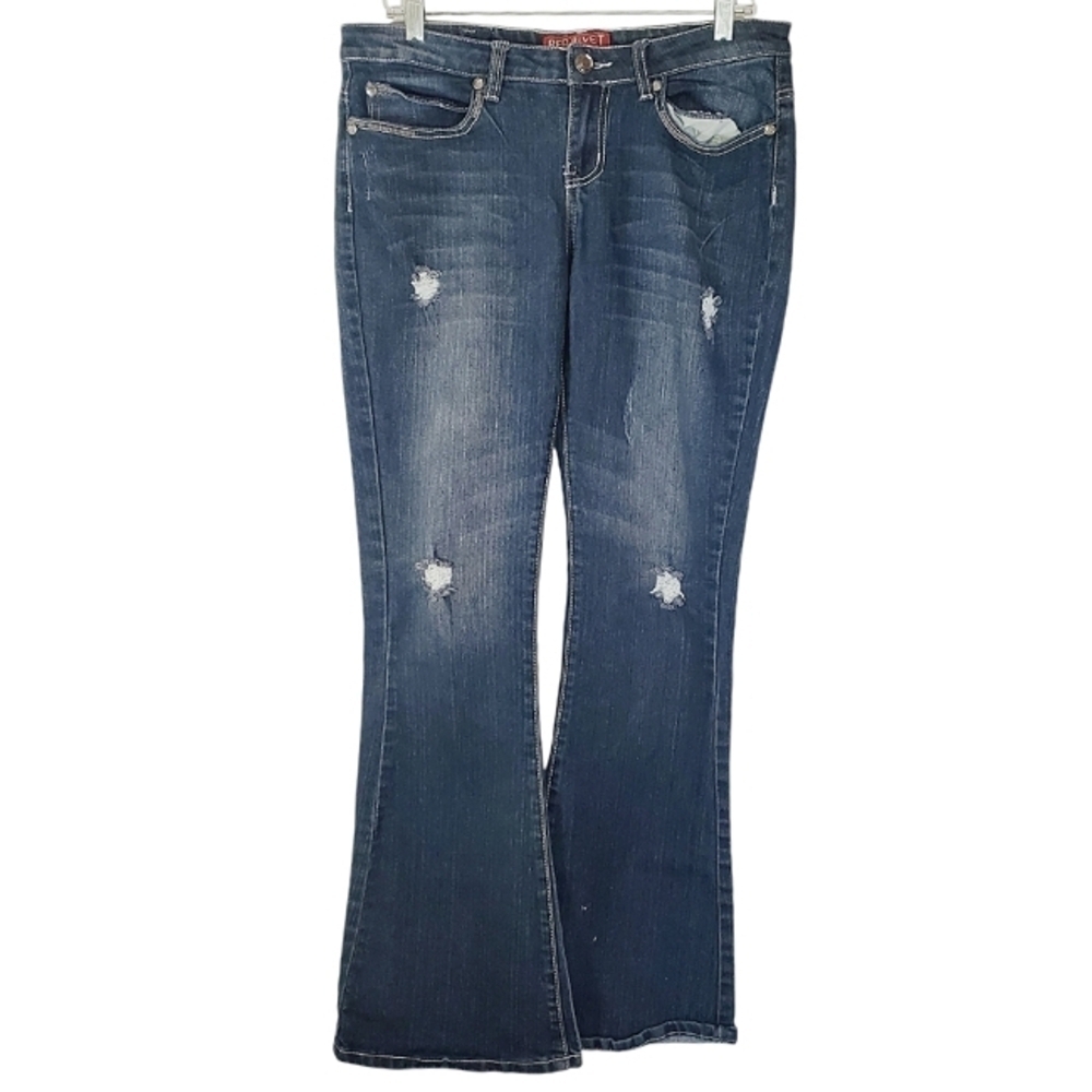 7240 * Red Rivet Embellished Pockets Dark Wash Denim Flare Jeans Size 13